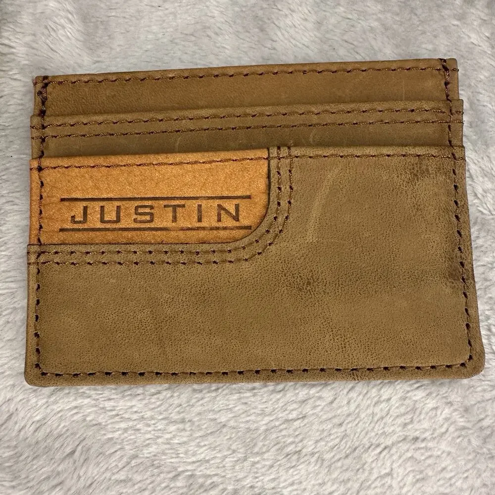 Justin Card Wallet Genuine‎ Suede Leather Tan Brown Logo Justin Boots Cowboy